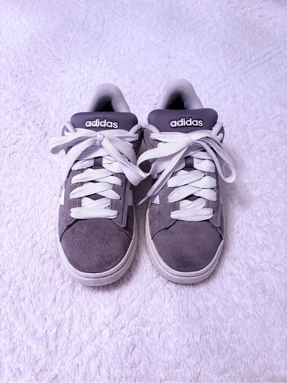 Size 7.5 Men/ 9 Wen Adidas grey suede and white Grand Court Alpha.
